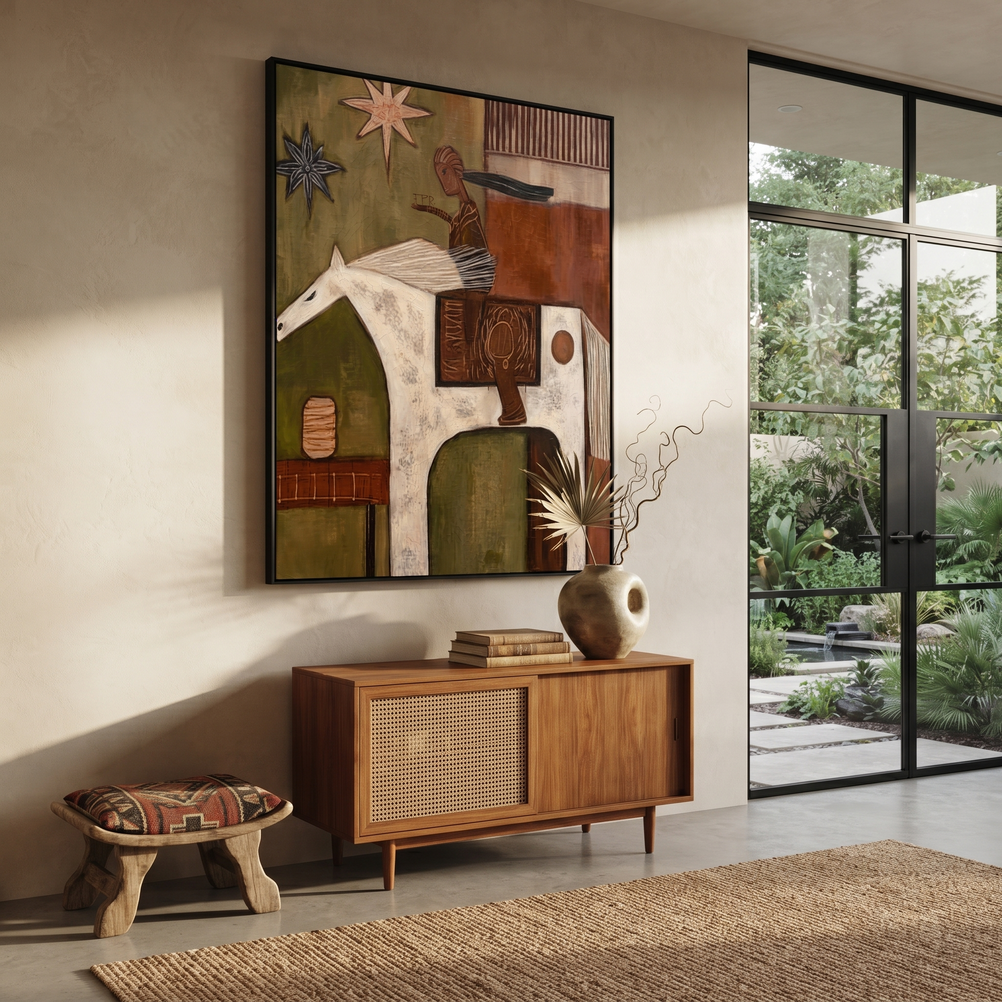 White Horse Carries the Painted Journey - abstract horse and rider painting by Isabelle Laurent, modern Western vertical wall art – styled room scene view 5