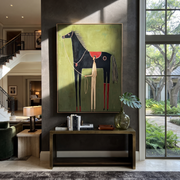 The Pale Handler Stands beneath the Black Horse - horse and handler painting by Isabelle Laurent, modern Western vertical wall art – styled room scene view 1