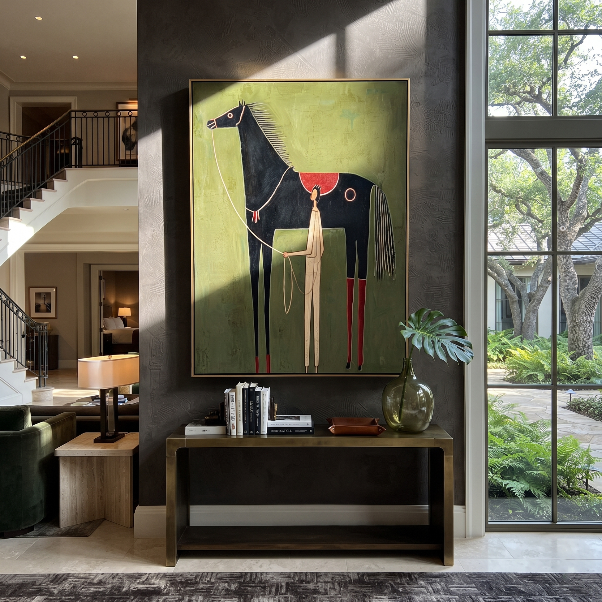 The Pale Handler Stands beneath the Black Horse - horse and handler painting by Isabelle Laurent, modern Western vertical wall art – styled room scene view 1