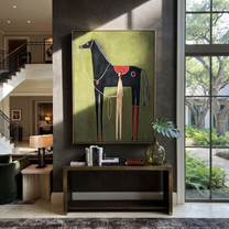 The Pale Handler Stands beneath the Black Horse - horse and handler painting by Isabelle Laurent, modern Western vertical wall art – styled room scene view 1