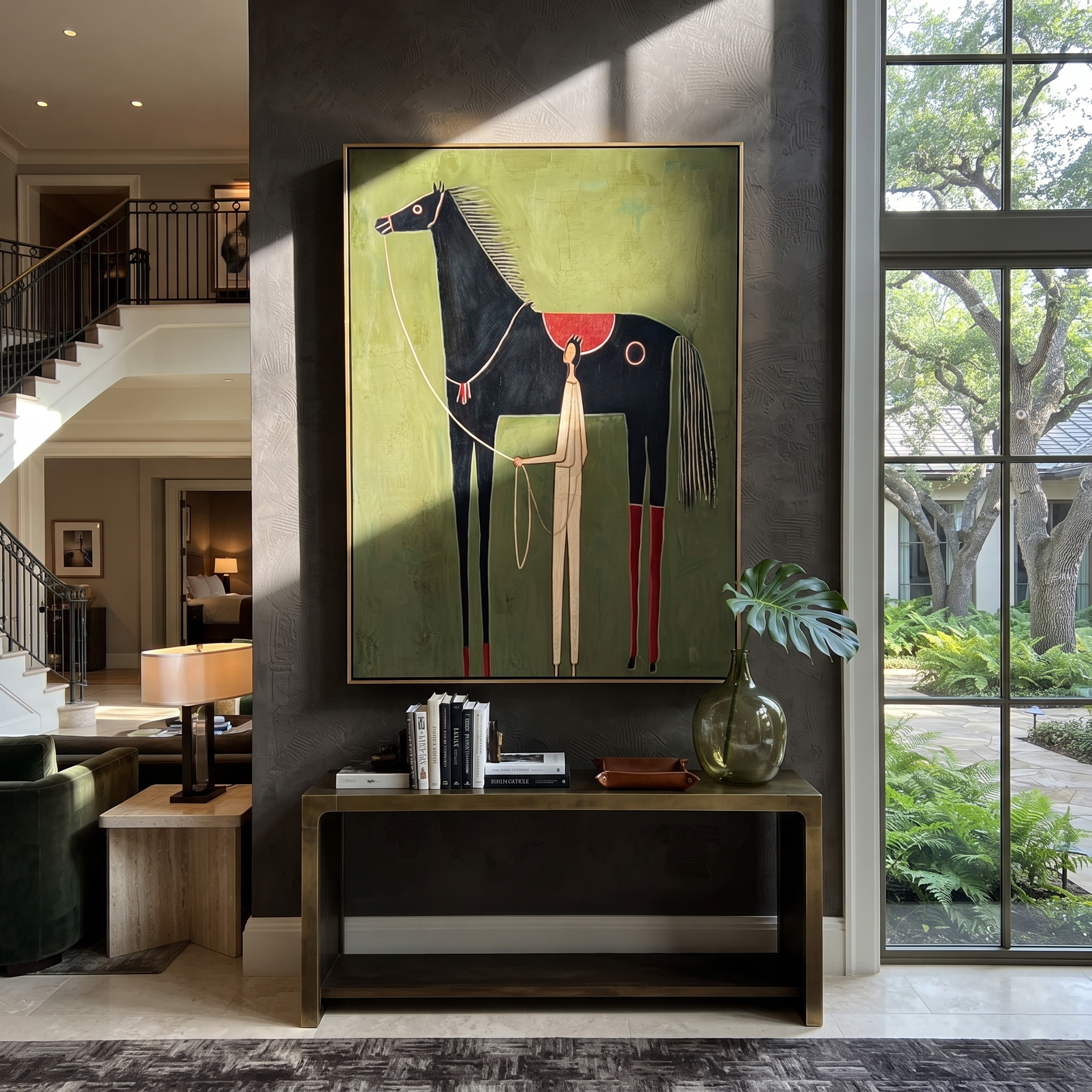 The Pale Handler Stands beneath the Black Horse - horse and handler painting by Isabelle Laurent, modern Western vertical wall art – styled room scene view 1