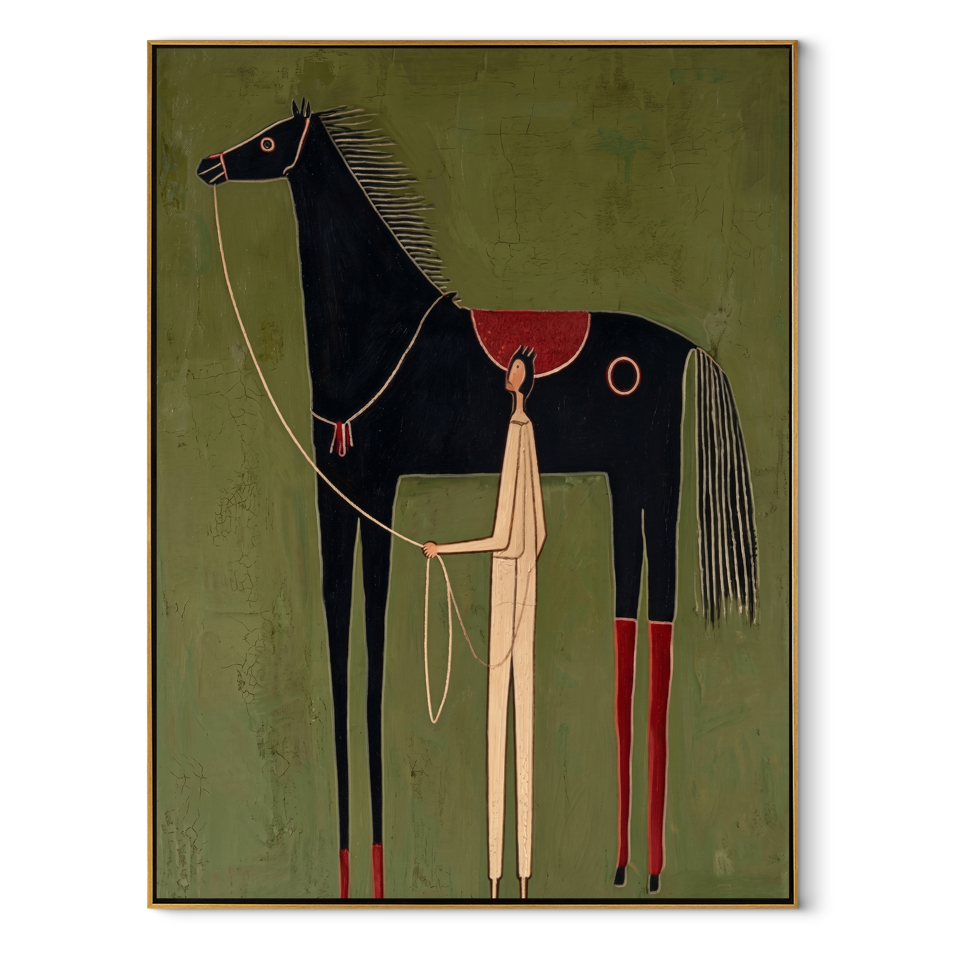 The Pale Handler Stands beneath the Black Horse - horse and handler painting by Isabelle Laurent, modern Western vertical wall art – wood frame on white background