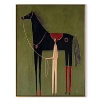 The Pale Handler Stands beneath the Black Horse - horse and handler painting by Isabelle Laurent, modern Western vertical wall art – wood frame on white background