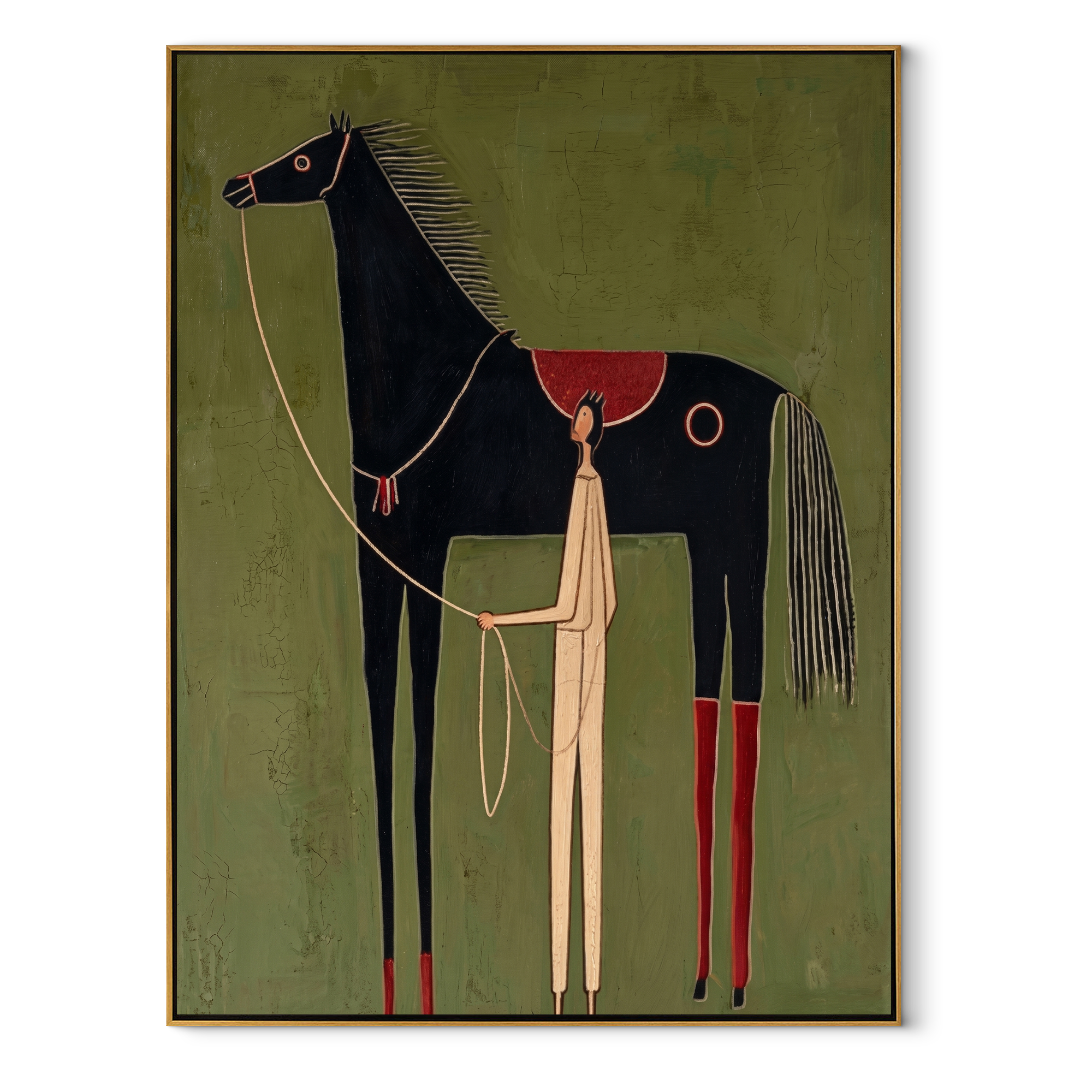 The Pale Handler Stands beneath the Black Horse - horse and handler painting by Isabelle Laurent, modern Western vertical wall art – wood frame on white background