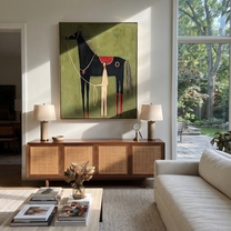 The Pale Handler Stands beneath the Black Horse - horse and handler painting by Isabelle Laurent, modern Western vertical wall art – styled room scene view 2