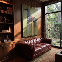 The Pale Handler Stands beneath the Black Horse - horse and handler painting by Isabelle Laurent, modern Western vertical wall art – styled room scene view 3