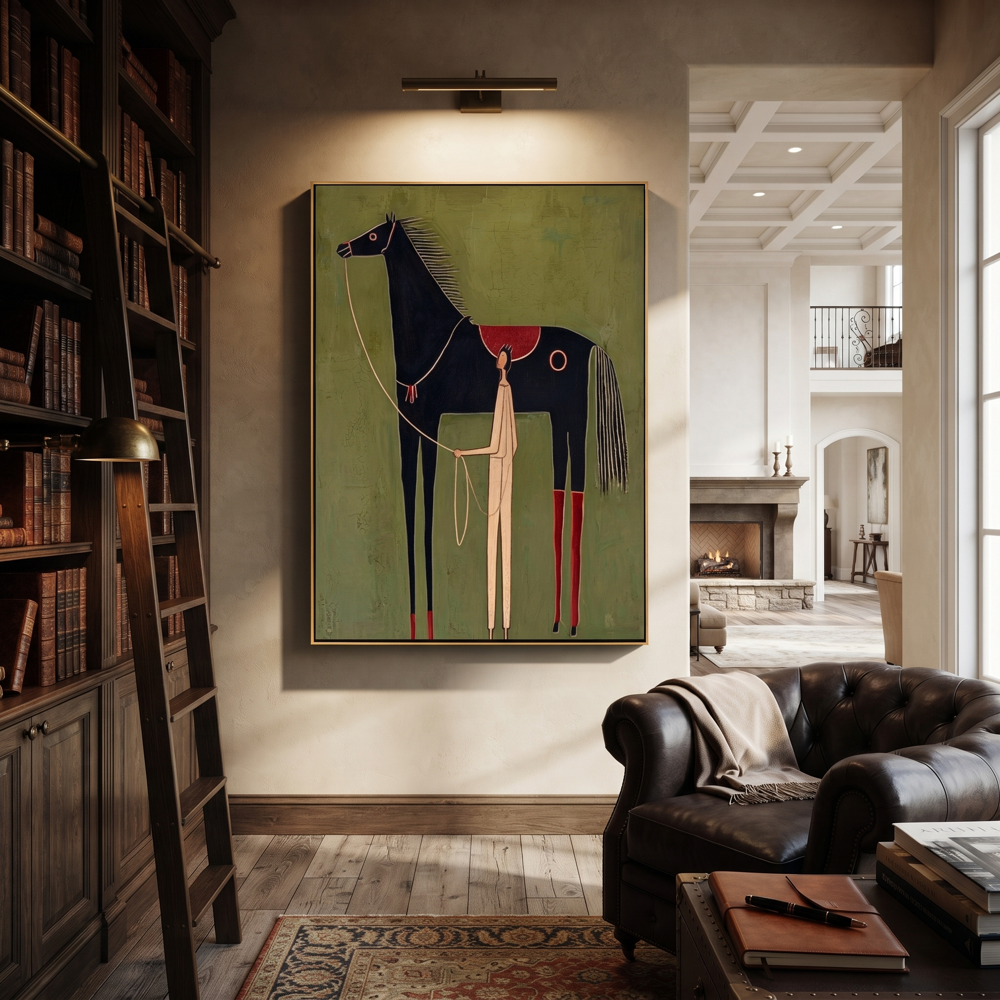The Pale Handler Stands beneath the Black Horse - horse and handler painting by Isabelle Laurent, modern Western vertical wall art – styled room scene view 4