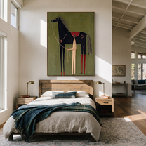 The Pale Handler Stands beneath the Black Horse - horse and handler painting by Isabelle Laurent, modern Western vertical wall art – styled room scene view 5