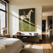 White Horse Walks beneath the Western Stars - starry white horse rider painting by Isabelle Laurent, modern Western vertical wall art – styled room scene view 1
