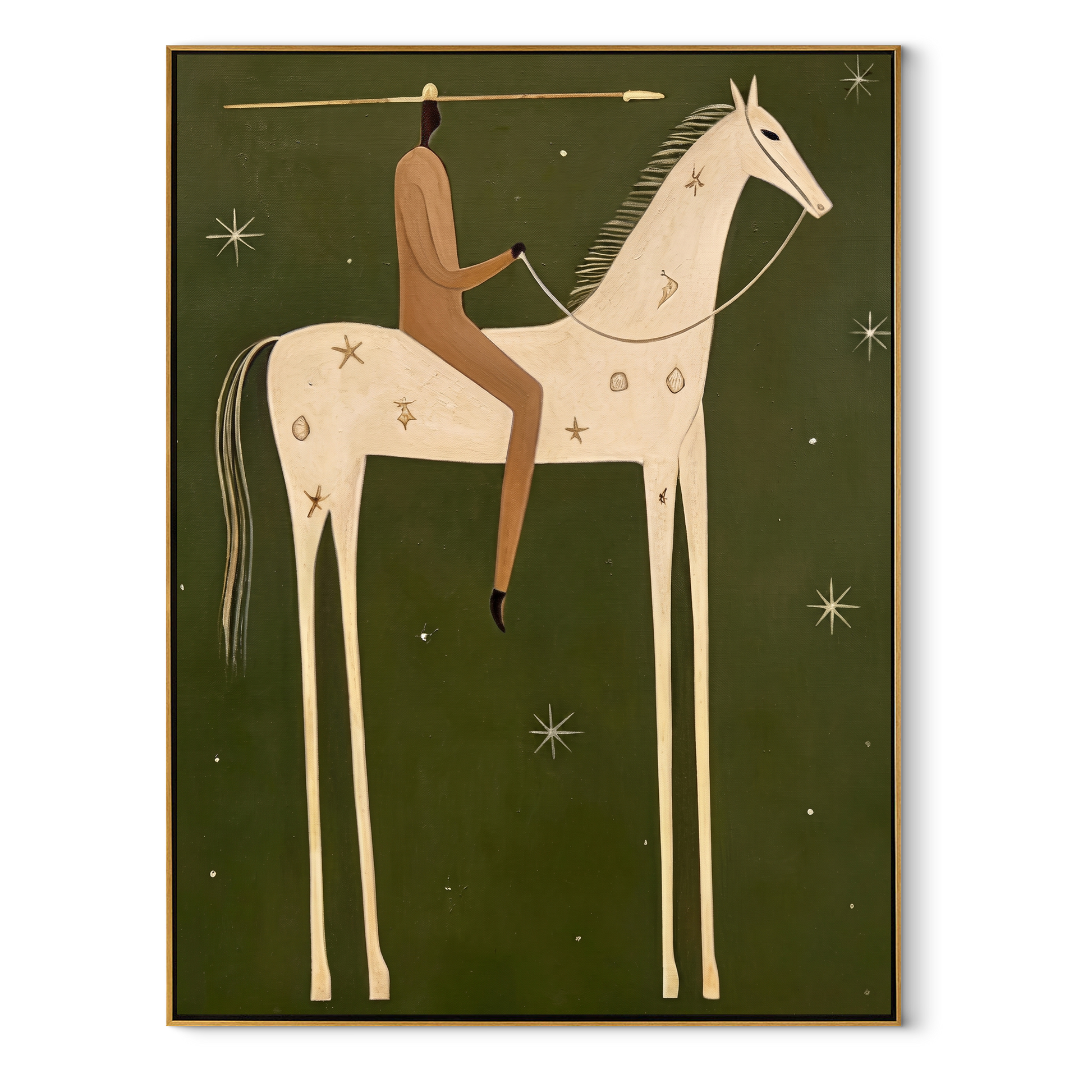 White Horse Walks beneath the Western Stars - starry white horse rider painting by Isabelle Laurent, modern Western vertical wall art – wood frame on white background