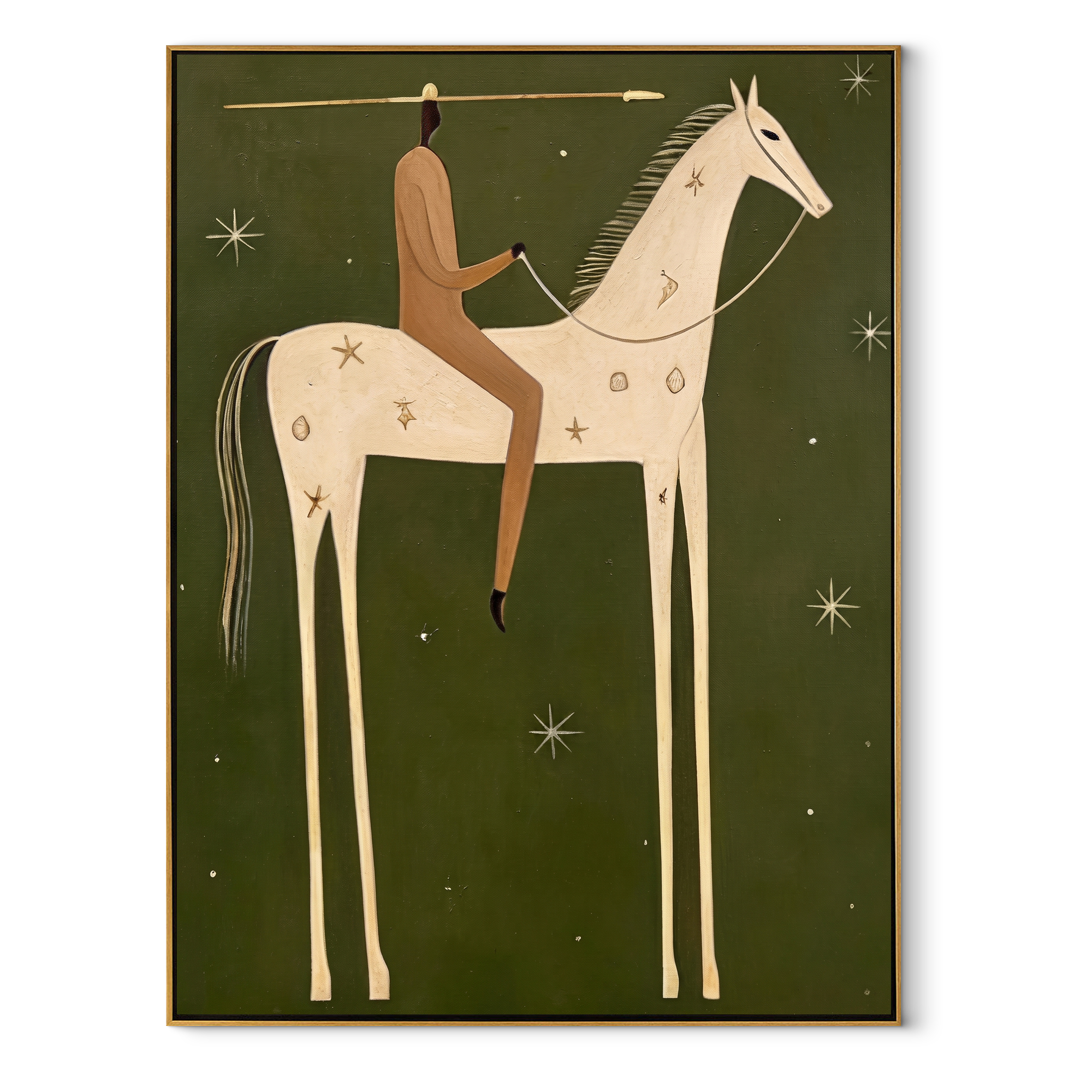 White Horse Walks beneath the Western Stars - starry white horse rider painting by Isabelle Laurent, modern Western vertical wall art – wood frame on white background