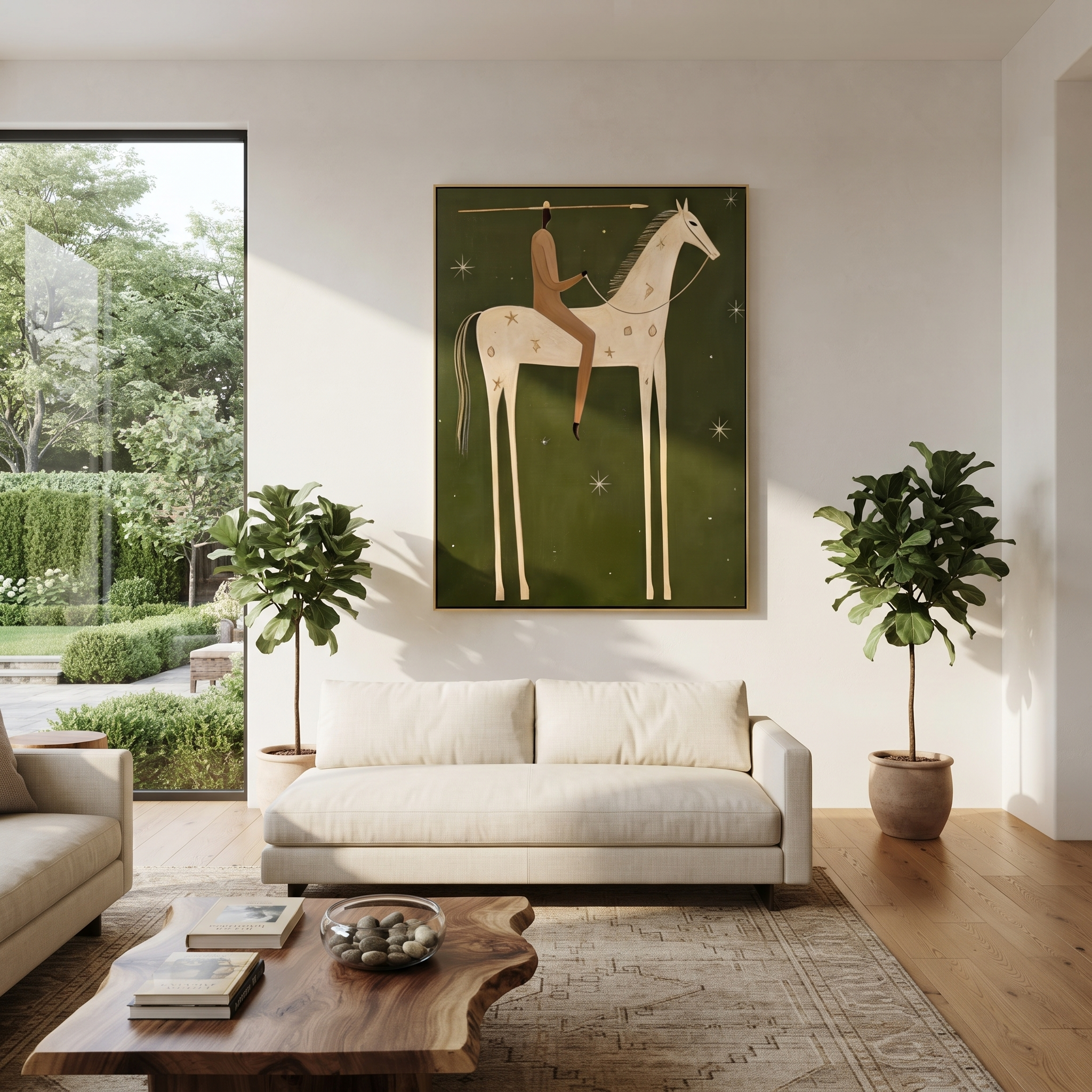 White Horse Walks beneath the Western Stars - starry white horse rider painting by Isabelle Laurent, modern Western vertical wall art – styled room scene view 2