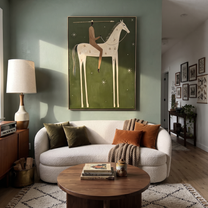 White Horse Walks beneath the Western Stars - starry white horse rider painting by Isabelle Laurent, modern Western vertical wall art – styled room scene view 4