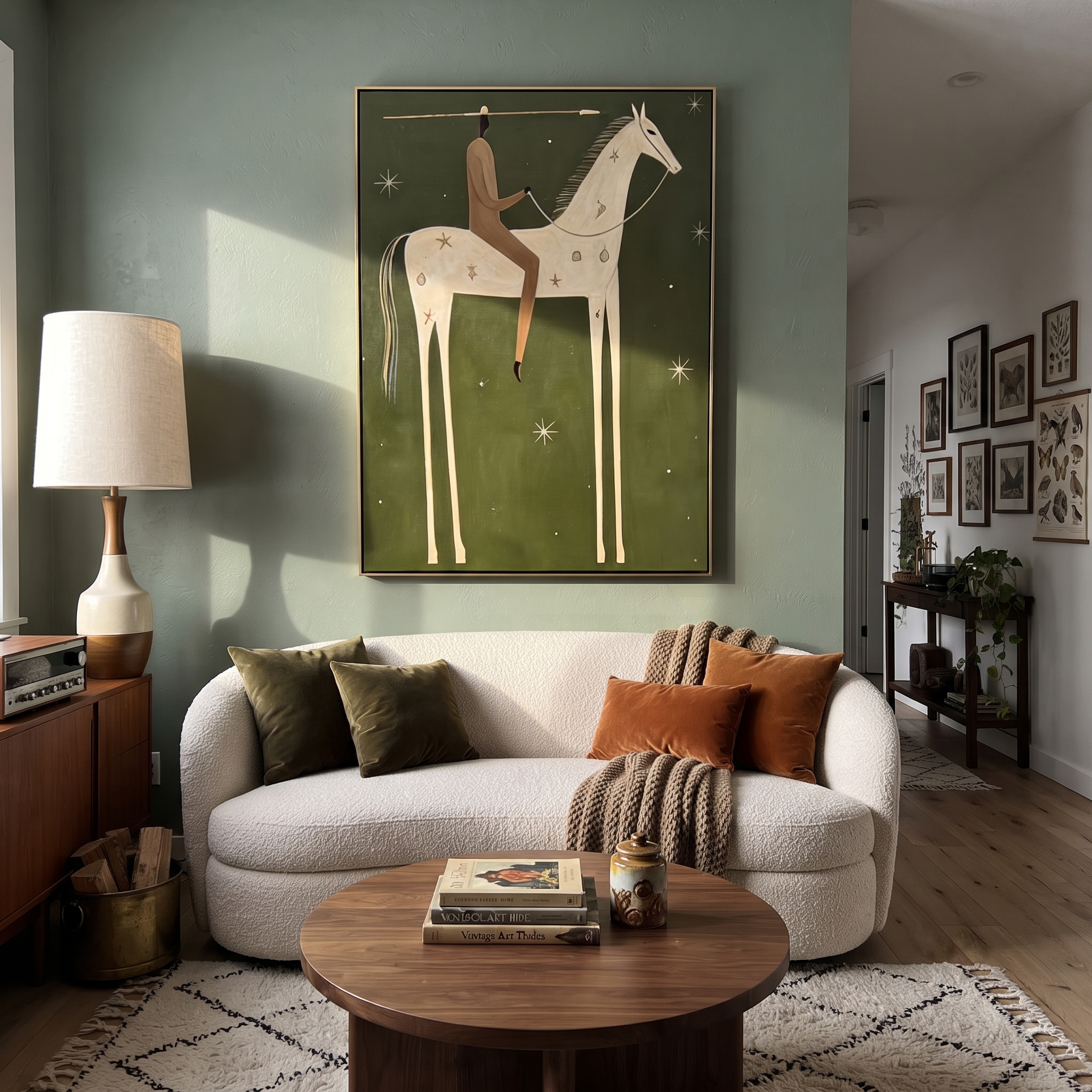 White Horse Walks beneath the Western Stars - starry white horse rider painting by Isabelle Laurent, modern Western vertical wall art – styled room scene view 4
