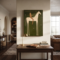 White Horse Walks beneath the Western Stars - starry white horse rider painting by Isabelle Laurent, modern Western vertical wall art – styled room scene view 5