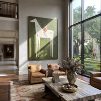 Rust Rider Rests on the Ivory Horse - white horse rider painting by Isabelle Laurent, modern Western vertical wall art – styled room scene view 1