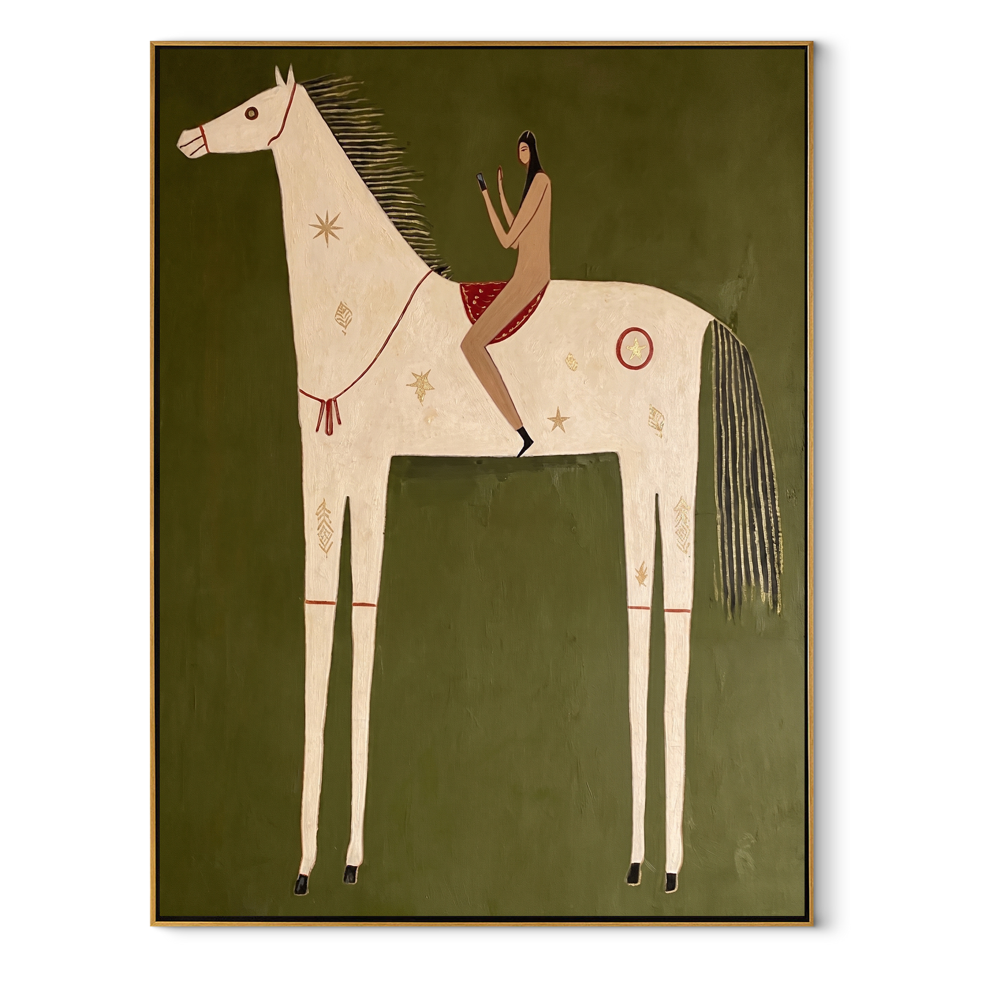 Rust Rider Rests on the Ivory Horse - white horse rider painting by Isabelle Laurent, modern Western vertical wall art – wood frame on white background