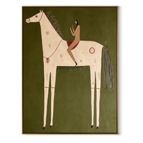 Rust Rider Rests on the Ivory Horse - white horse rider painting by Isabelle Laurent, modern Western vertical wall art – wood frame on white background