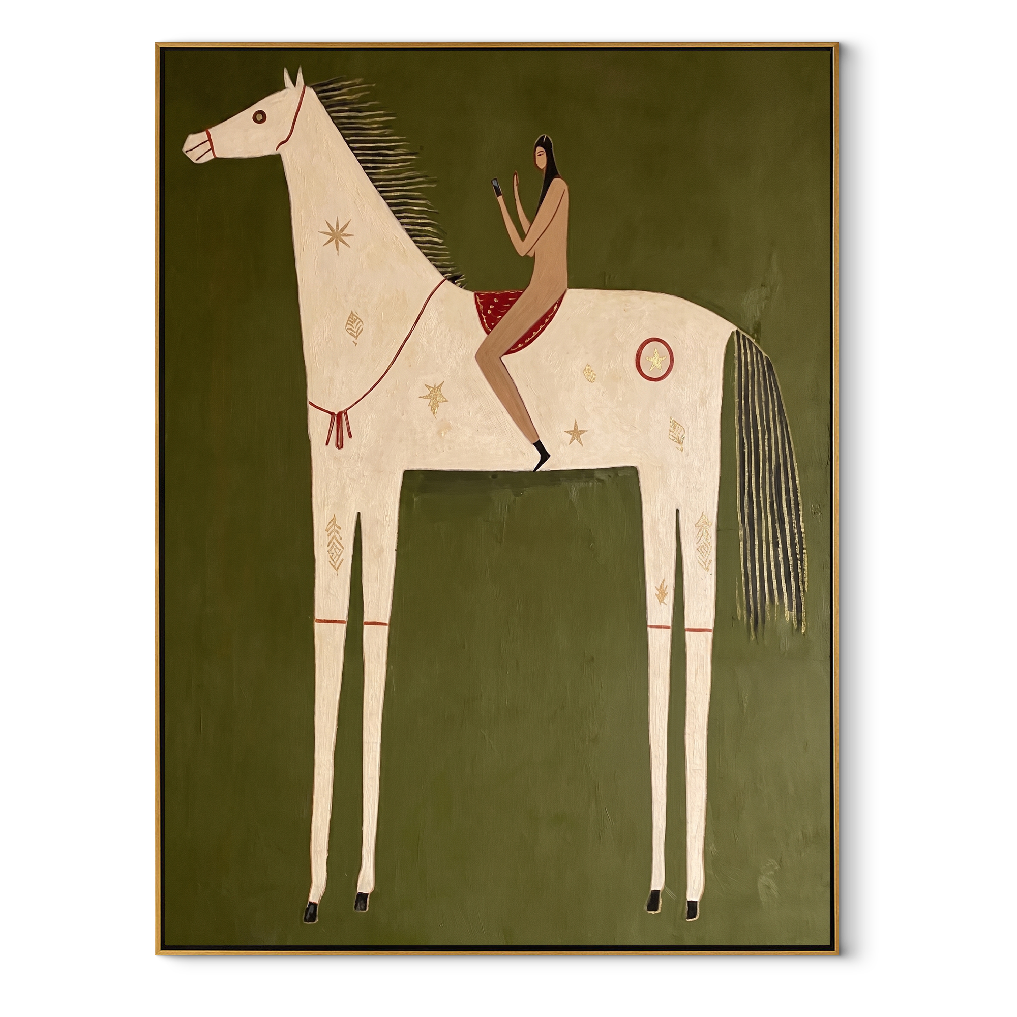 Rust Rider Rests on the Ivory Horse - white horse rider painting by Isabelle Laurent, modern Western vertical wall art – wood frame on white background