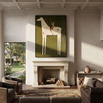 Rust Rider Rests on the Ivory Horse - white horse rider painting by Isabelle Laurent, modern Western vertical wall art – styled room scene view 2