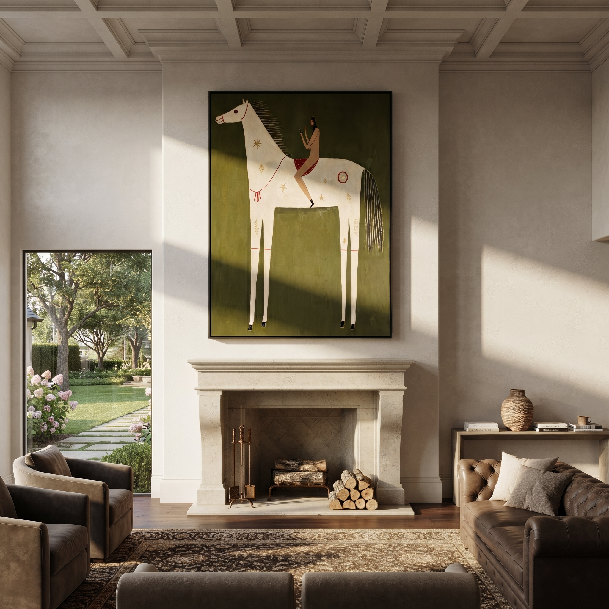 Rust Rider Rests on the Ivory Horse - white horse rider painting by Isabelle Laurent, modern Western vertical wall art – styled room scene view 2