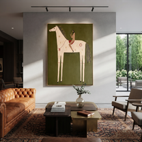 Rust Rider Rests on the Ivory Horse - white horse rider painting by Isabelle Laurent, modern Western vertical wall art – styled room scene view 3