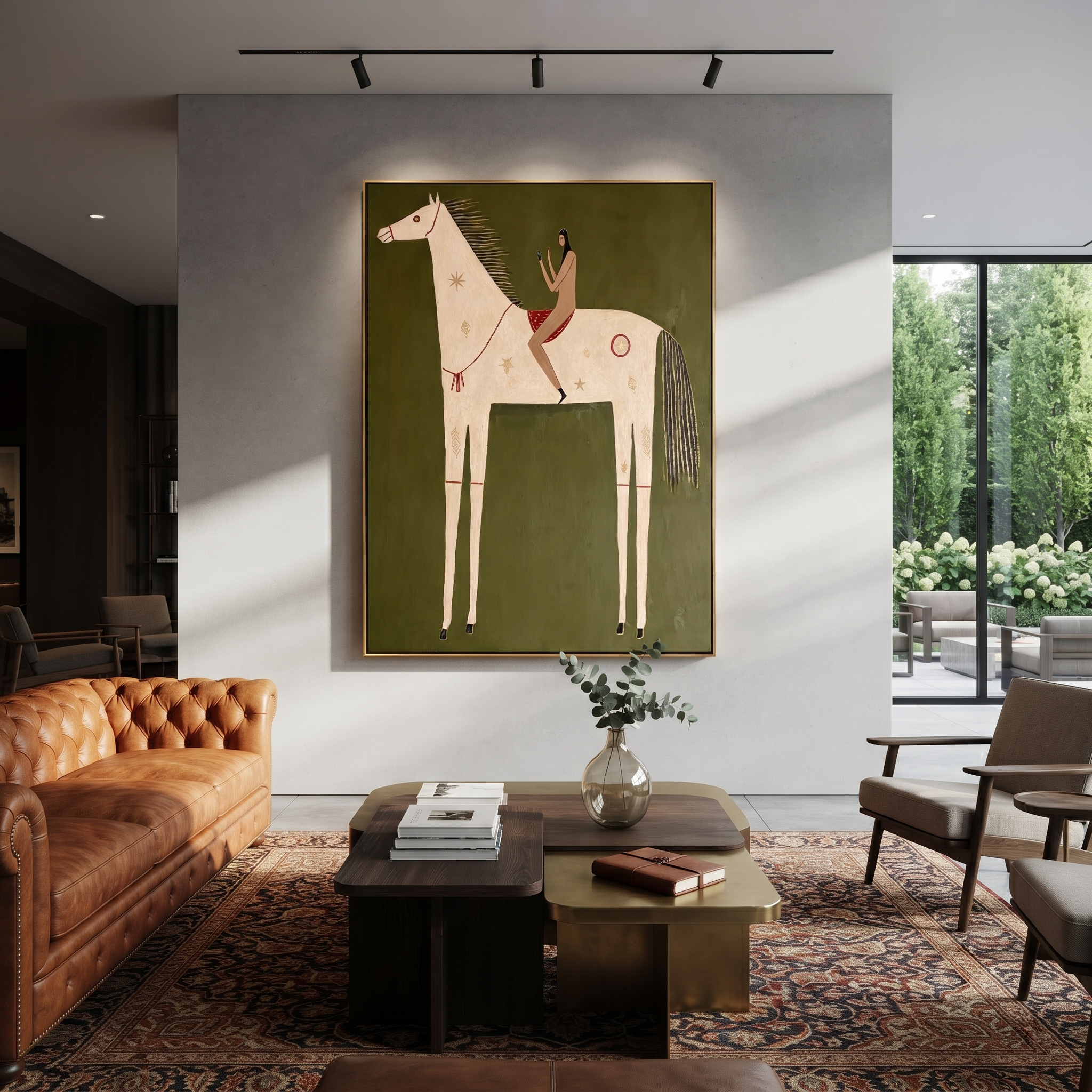 Rust Rider Rests on the Ivory Horse - white horse rider painting by Isabelle Laurent, modern Western vertical wall art – styled room scene view 3