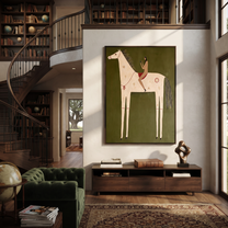 Rust Rider Rests on the Ivory Horse - white horse rider painting by Isabelle Laurent, modern Western vertical wall art – styled room scene view 4
