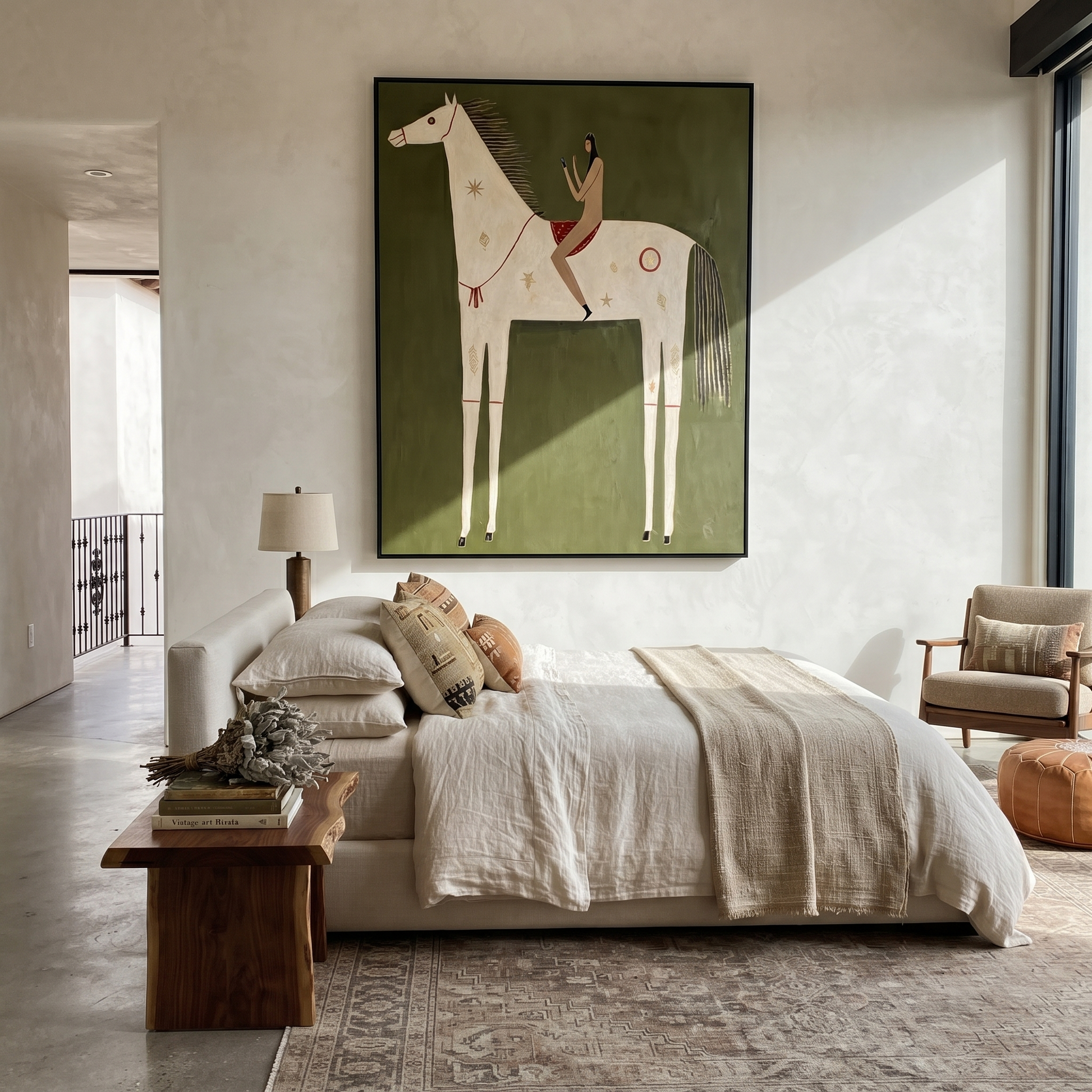 Rust Rider Rests on the Ivory Horse - white horse rider painting by Isabelle Laurent, modern Western vertical wall art – styled room scene view 5