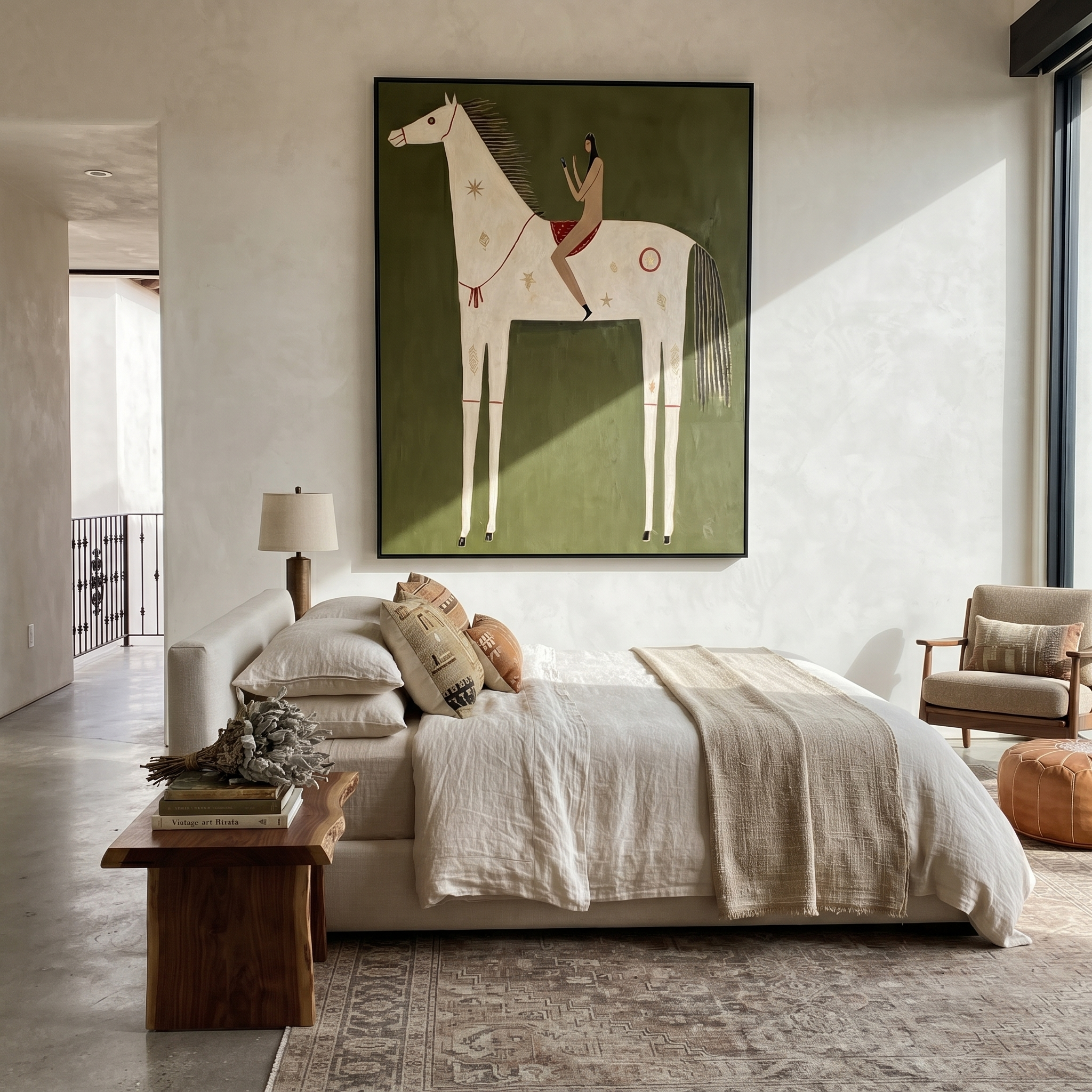 Rust Rider Rests on the Ivory Horse - white horse rider painting by Isabelle Laurent, modern Western vertical wall art – styled room scene view 5