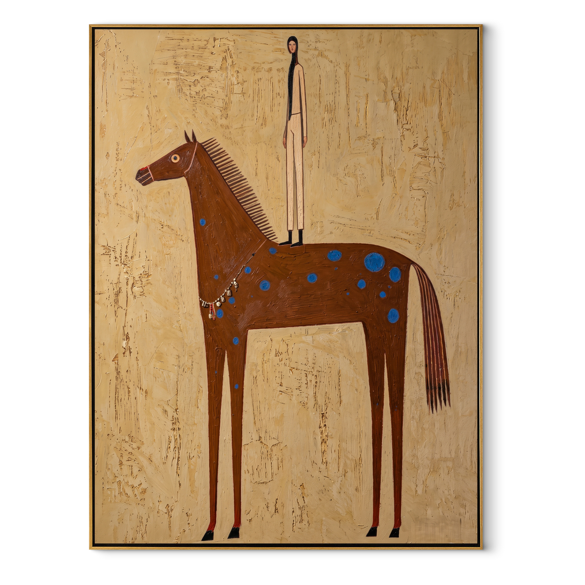 Blue Spots Gather beneath the Tall Figure - spotted brown horse painting by Isabelle Laurent, modern Western vertical wall art – wood frame on white background