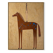 Blue Spots Gather beneath the Tall Figure - spotted brown horse painting by Isabelle Laurent, modern Western vertical wall art – wood frame on white background