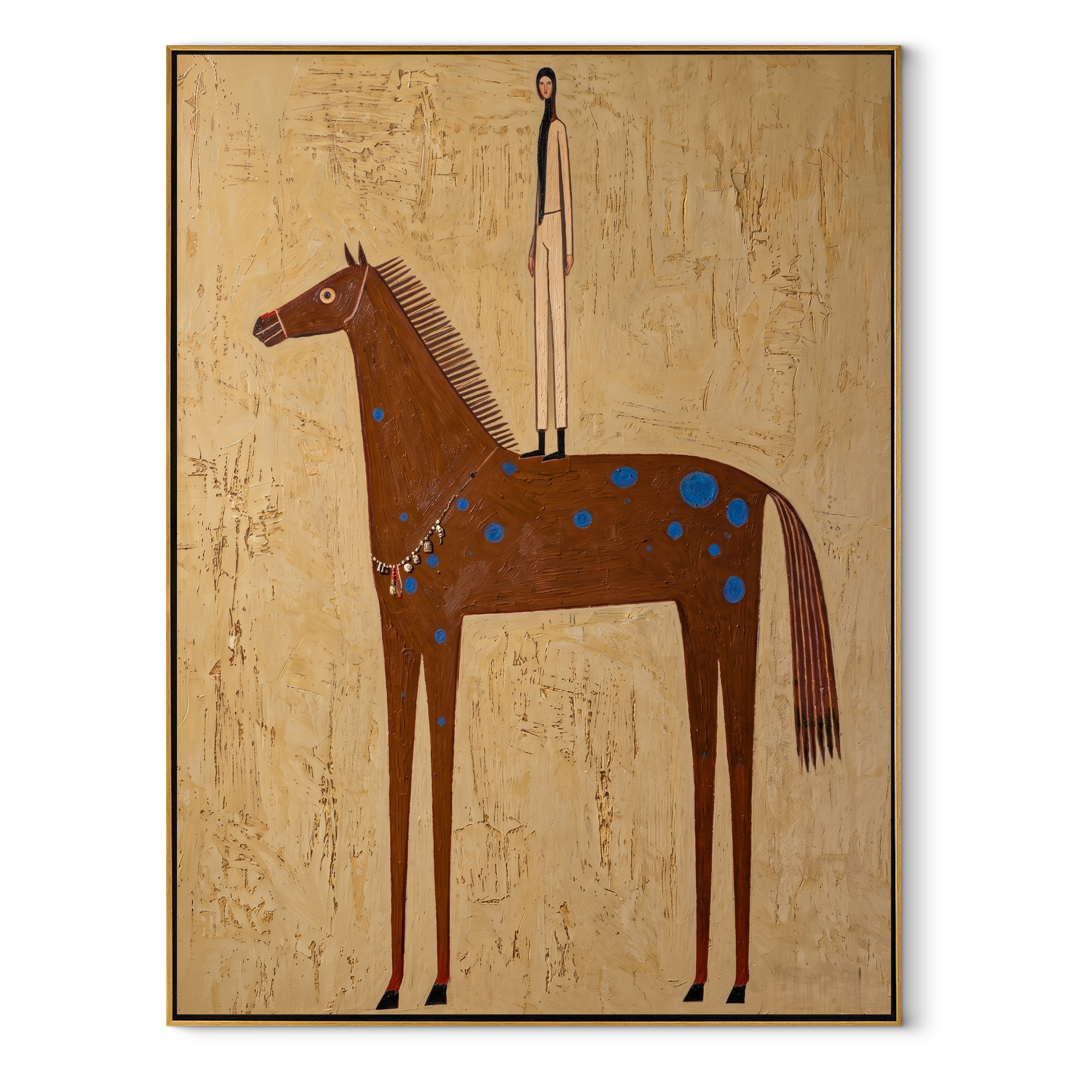 Blue Spots Gather beneath the Tall Figure - spotted brown horse painting by Isabelle Laurent, modern Western vertical wall art – wood frame on white background