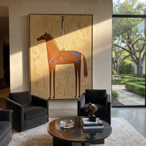 Blue Spots Gather beneath the Tall Figure - spotted brown horse painting by Isabelle Laurent, modern Western vertical wall art – styled room scene view 2