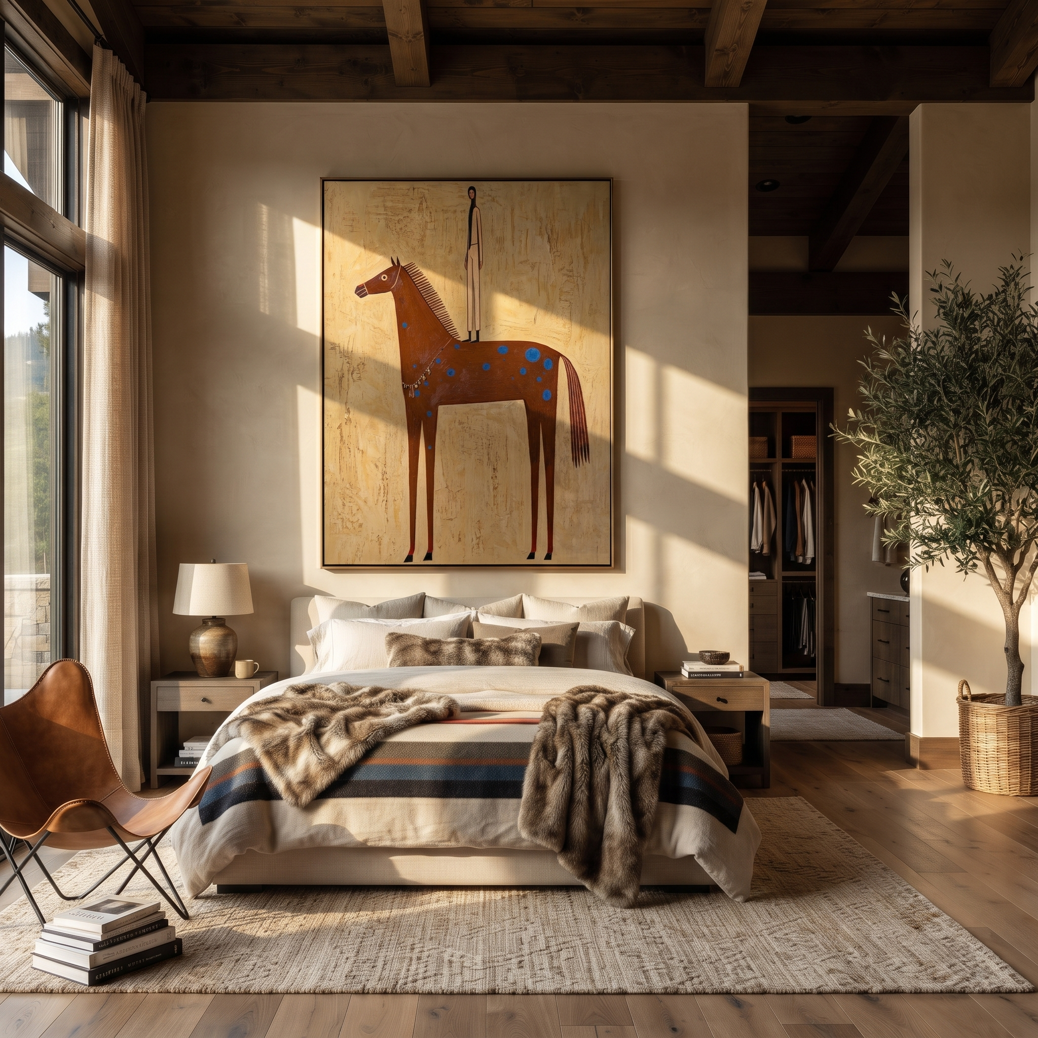 Blue Spots Gather beneath the Tall Figure - spotted brown horse painting by Isabelle Laurent, modern Western vertical wall art – styled room scene view 3