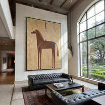 Blue Spots Gather beneath the Tall Figure - spotted brown horse painting by Isabelle Laurent, modern Western vertical wall art – styled room scene view 4