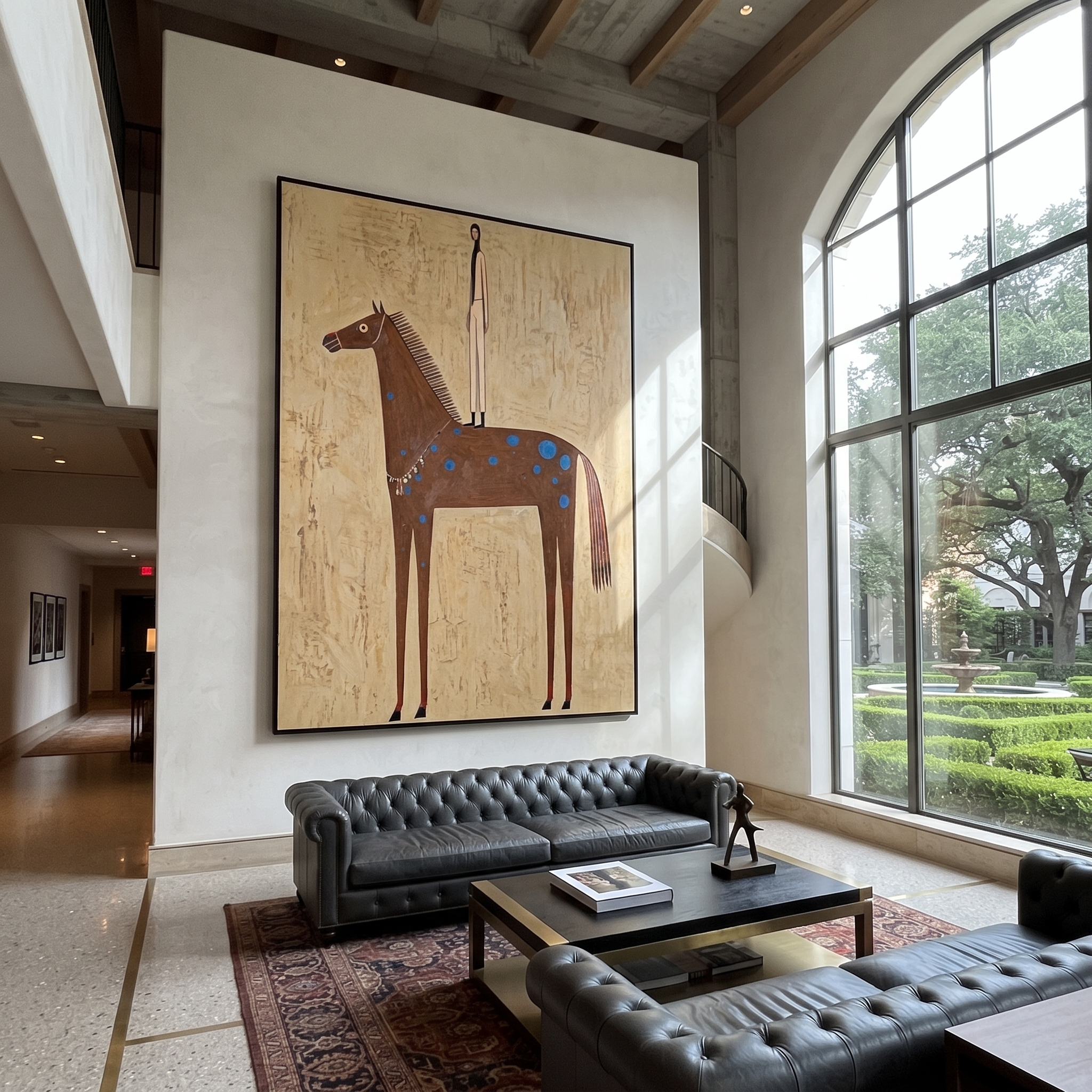 Blue Spots Gather beneath the Tall Figure - spotted brown horse painting by Isabelle Laurent, modern Western vertical wall art – styled room scene view 4