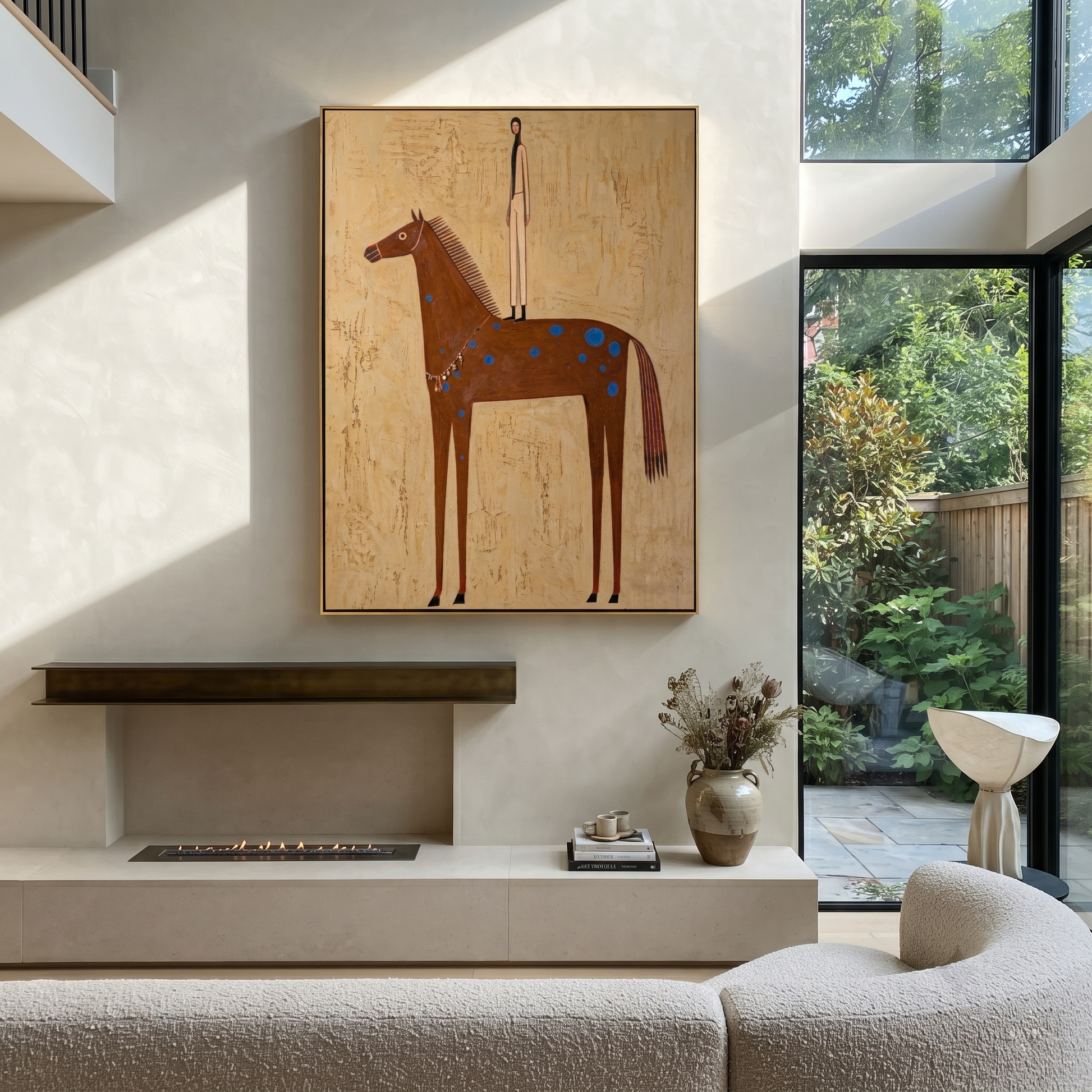 Blue Spots Gather beneath the Tall Figure - spotted brown horse painting by Isabelle Laurent, modern Western vertical wall art – styled room scene view 5