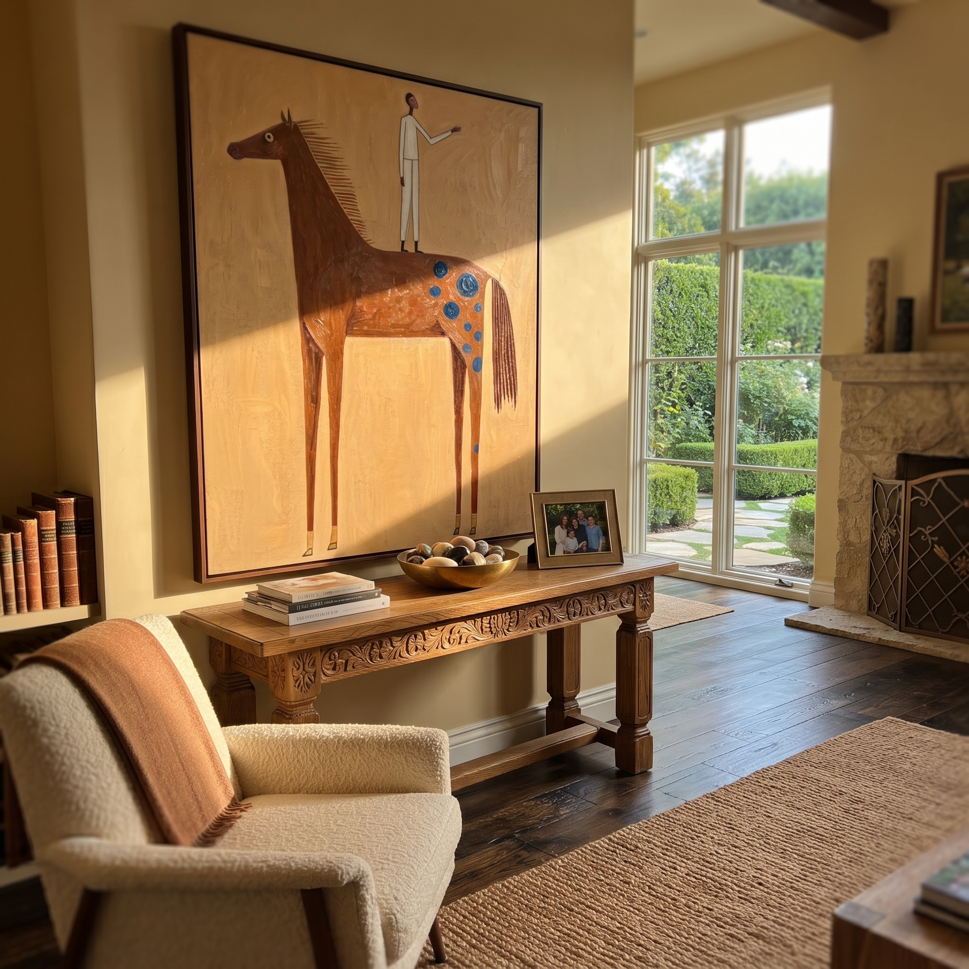 The White Figure Stands above the Brown Horse - standing horse figure painting by Isabelle Laurent, modern Western vertical wall art – styled room scene view 1