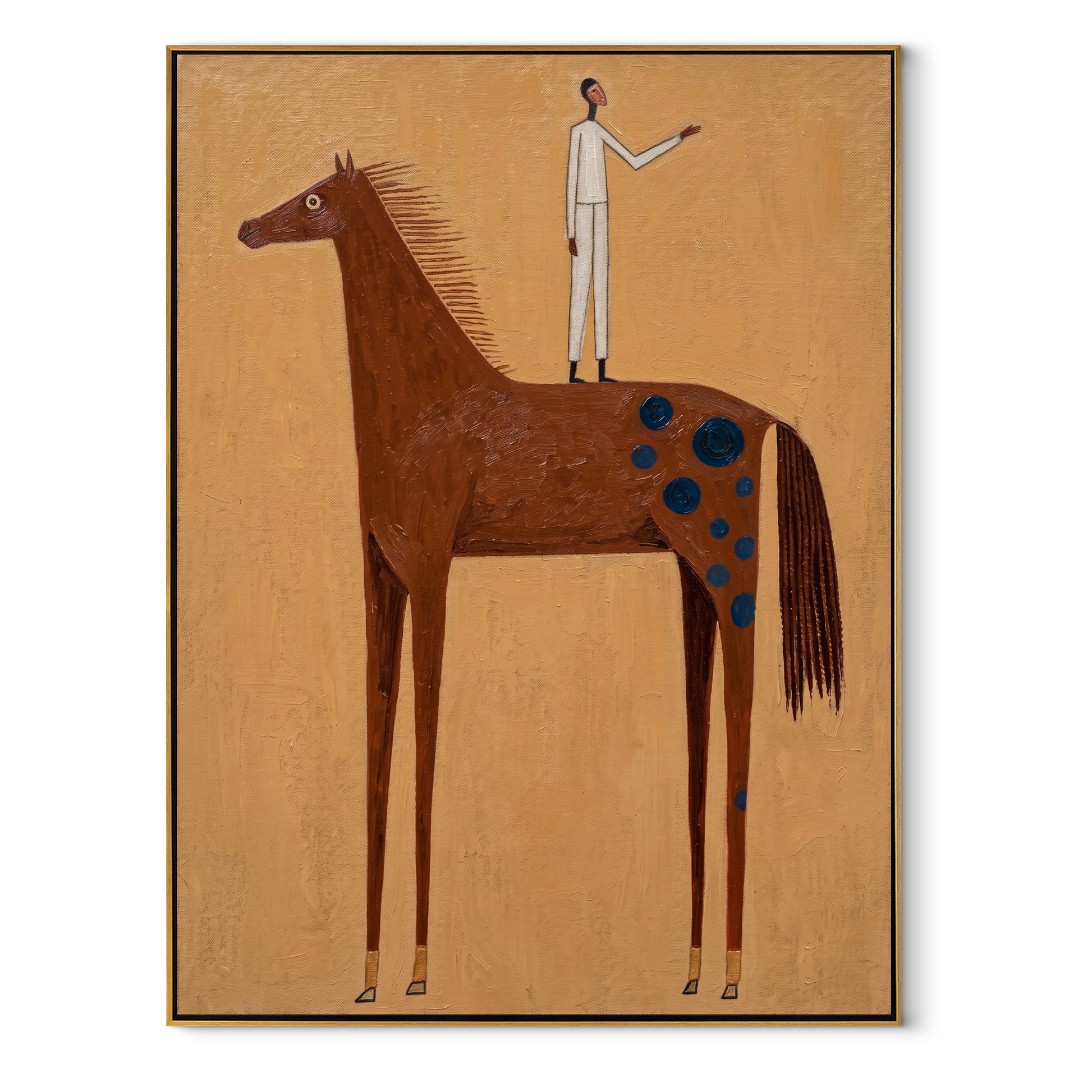 The White Figure Stands above the Brown Horse - standing horse figure painting by Isabelle Laurent, modern Western vertical wall art – wood frame on white background