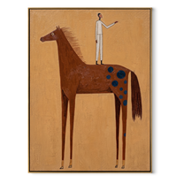The White Figure Stands above the Brown Horse - standing horse figure painting by Isabelle Laurent, modern Western vertical wall art – wood frame on white background