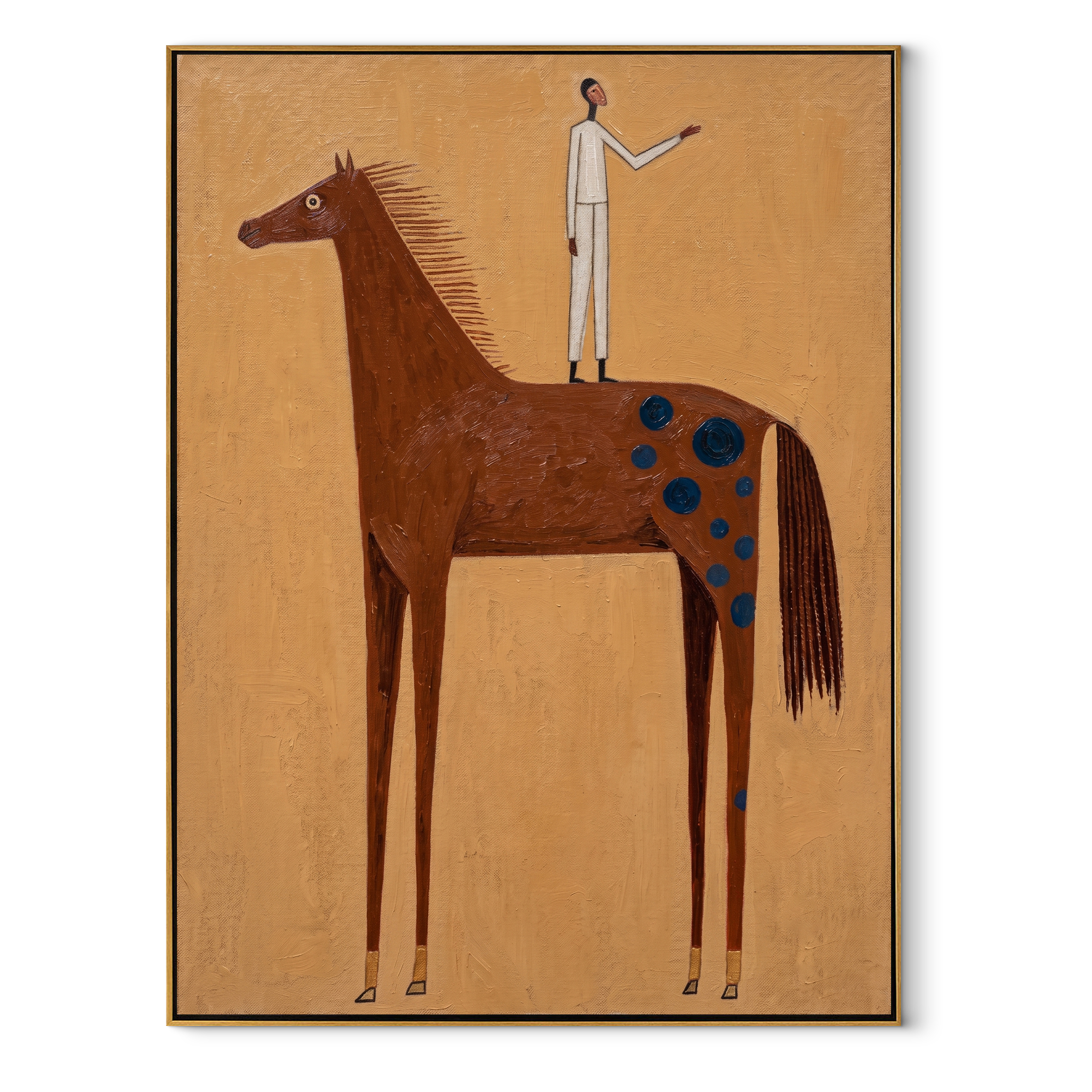 The White Figure Stands above the Brown Horse - standing horse figure painting by Isabelle Laurent, modern Western vertical wall art – wood frame on white background