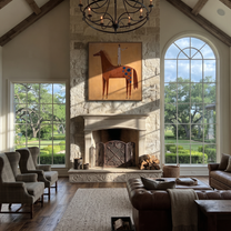 The White Figure Stands above the Brown Horse - standing horse figure painting by Isabelle Laurent, modern Western vertical wall art – styled room scene view 2