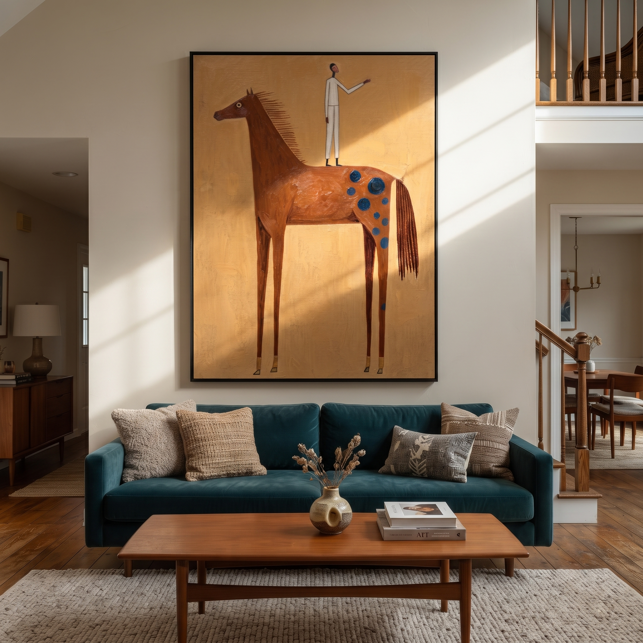 The White Figure Stands above the Brown Horse - standing horse figure painting by Isabelle Laurent, modern Western vertical wall art – styled room scene view 3