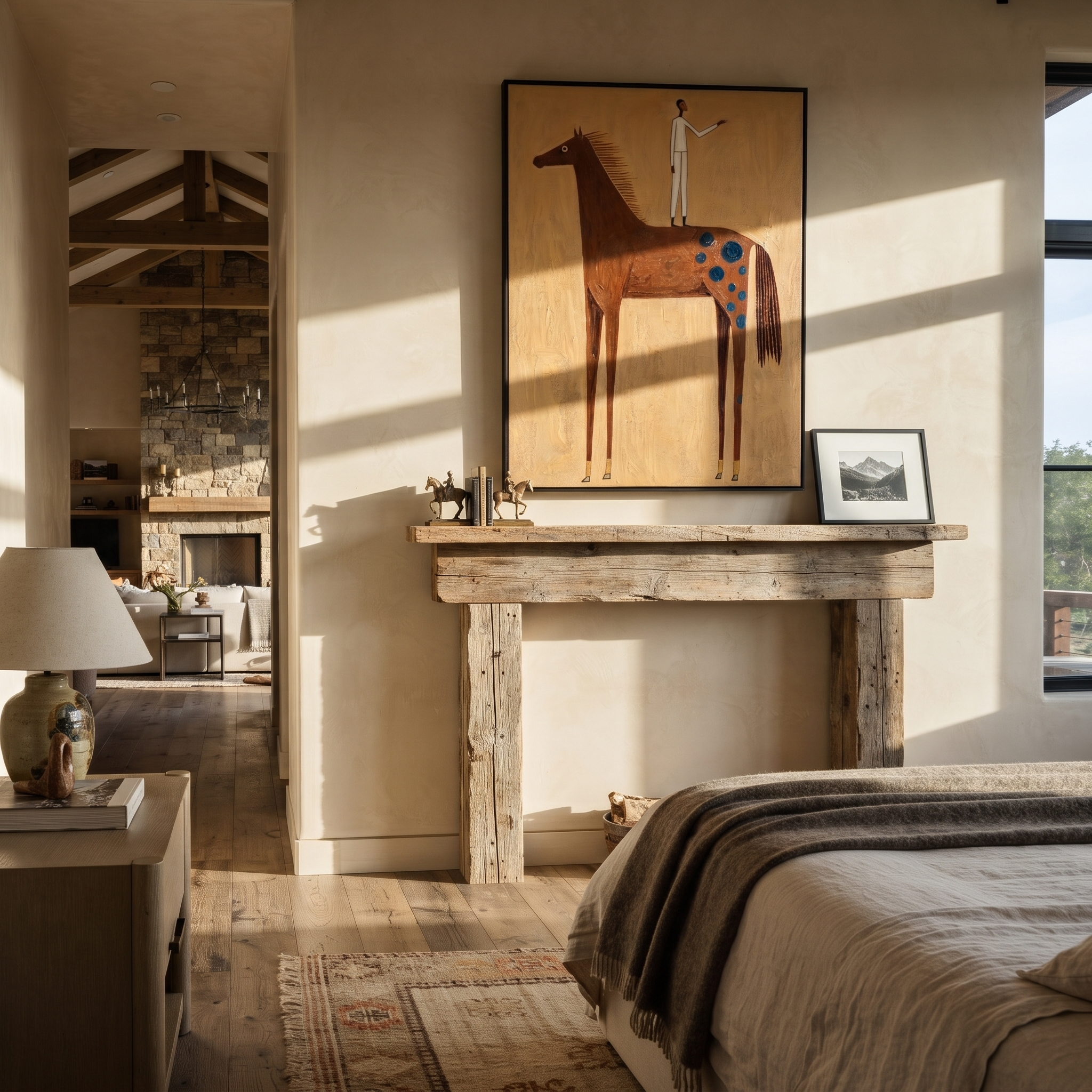 The White Figure Stands above the Brown Horse - standing horse figure painting by Isabelle Laurent, modern Western vertical wall art – styled room scene view 4