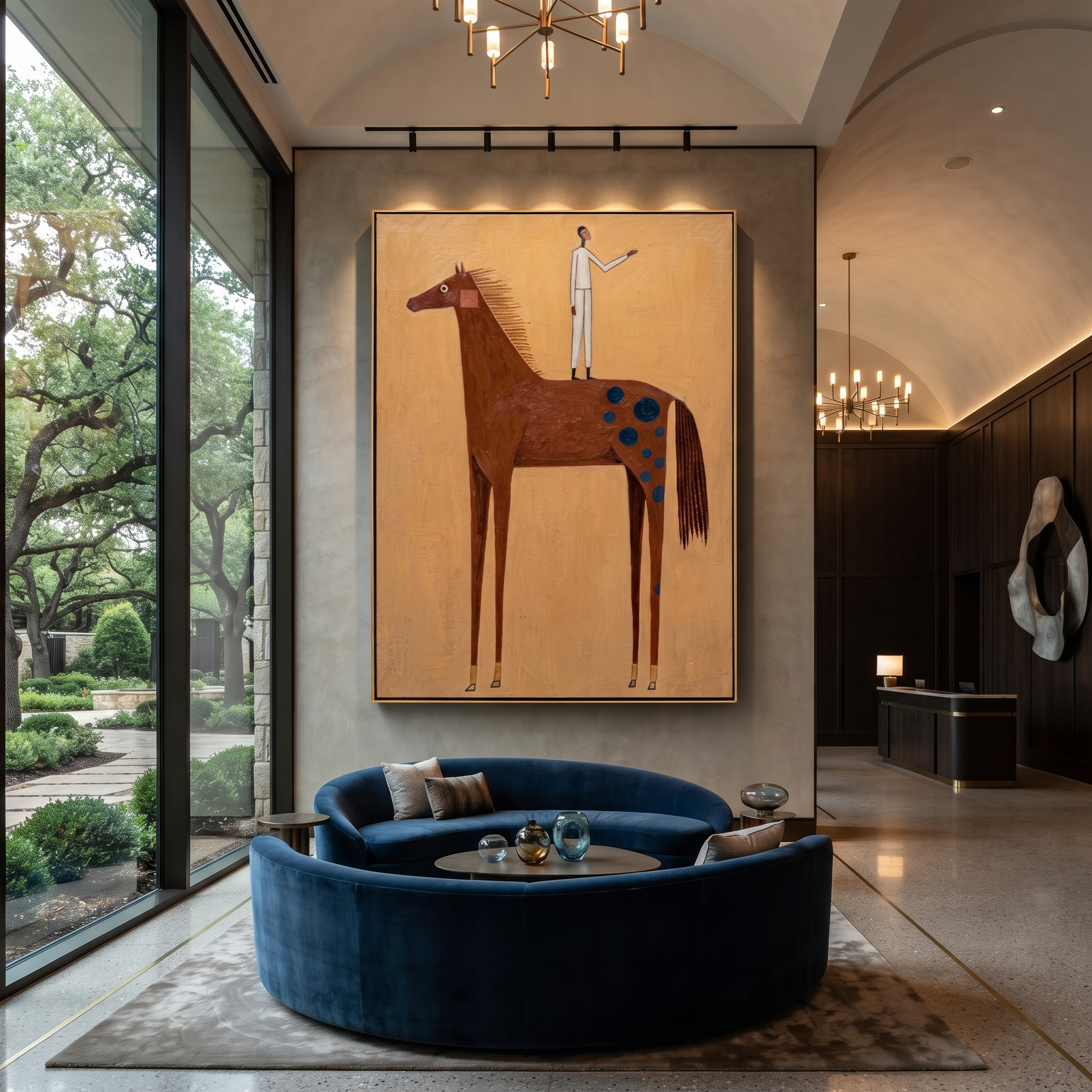 The White Figure Stands above the Brown Horse - standing horse figure painting by Isabelle Laurent, modern Western vertical wall art – styled room scene view 5
