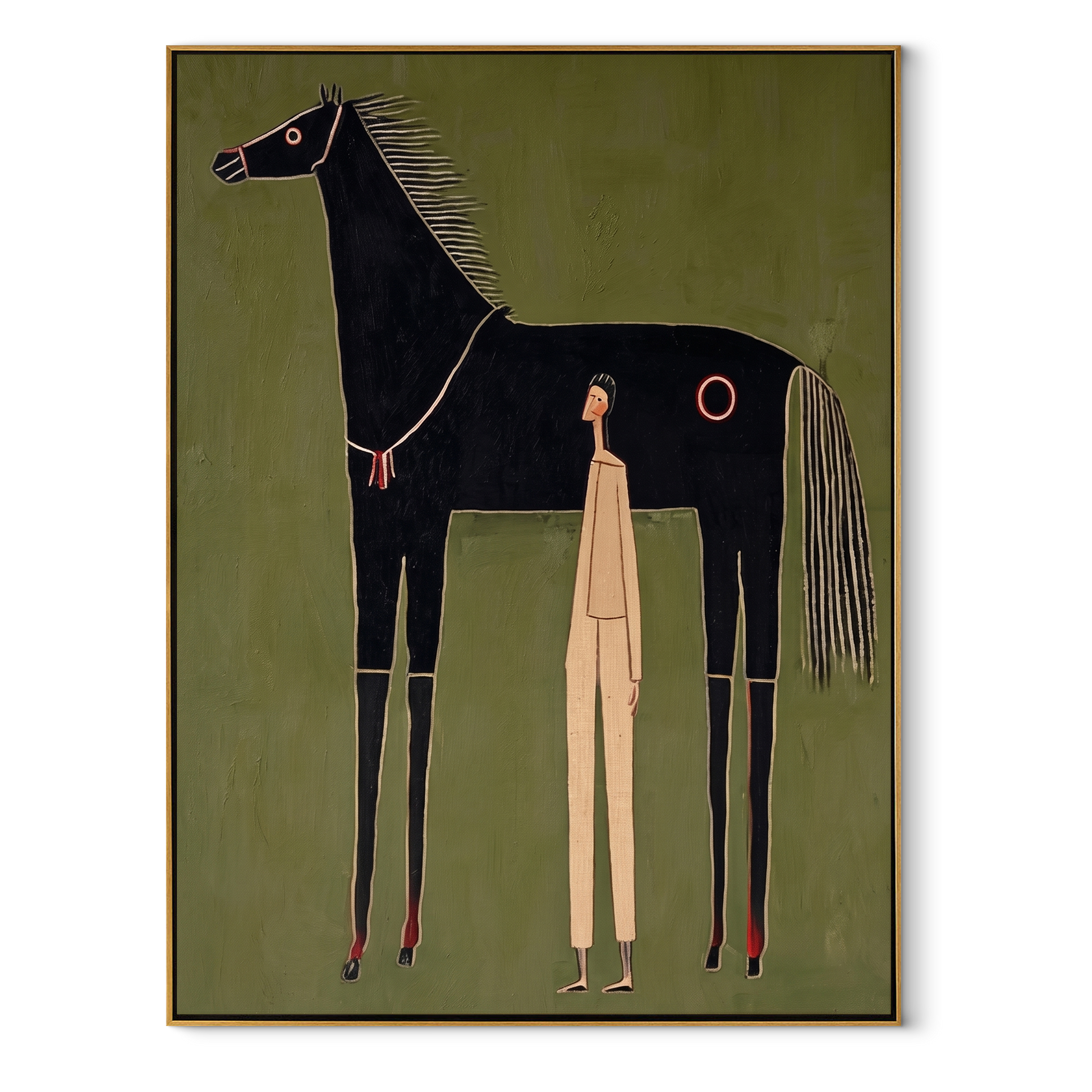 The Quiet Handler Meets the Black Horse - black horse and figure painting by Isabelle Laurent, modern Western vertical wall art – wood frame on white background
