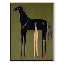 The Quiet Handler Meets the Black Horse - black horse and figure painting by Isabelle Laurent, modern Western vertical wall art – wood frame on white background