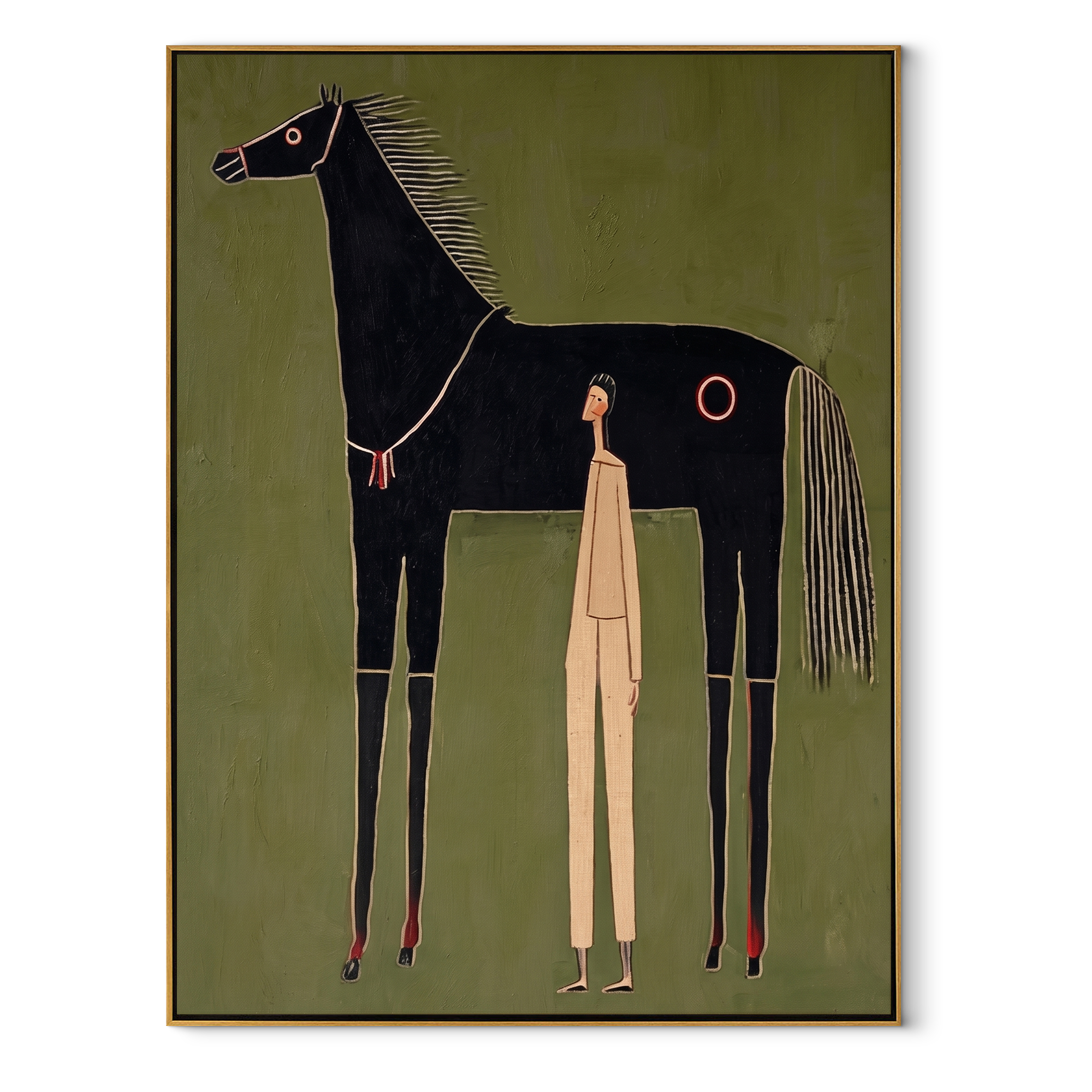The Quiet Handler Meets the Black Horse - black horse and figure painting by Isabelle Laurent, modern Western vertical wall art – wood frame on white background