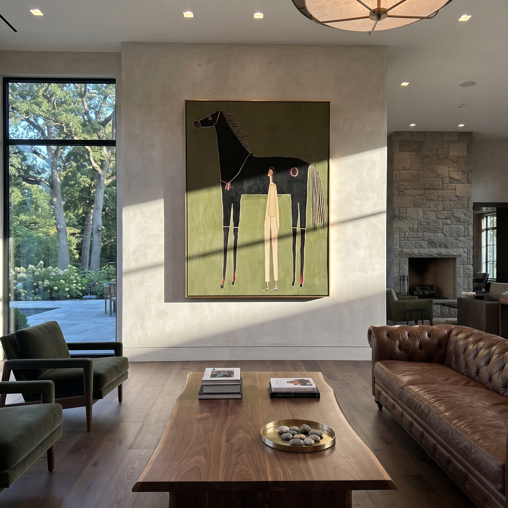 The Quiet Handler Meets the Black Horse - black horse and figure painting by Isabelle Laurent, modern Western vertical wall art – styled room scene view 3